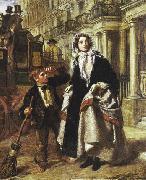 Lady waiting to cross a street, with a little boy crossing-sweeper begging for money., William Powell Frith